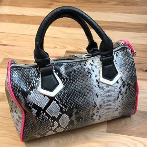 Alligator print handbag with neon pink trim